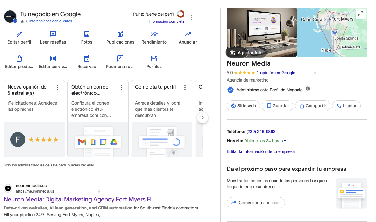 Neuron Media's Google Business Profile admin dashboard at baseline — May 2026. Shows 3 total customer interactions, 1 review, and Google's own "Complete your profile" prompt on the dashboard.