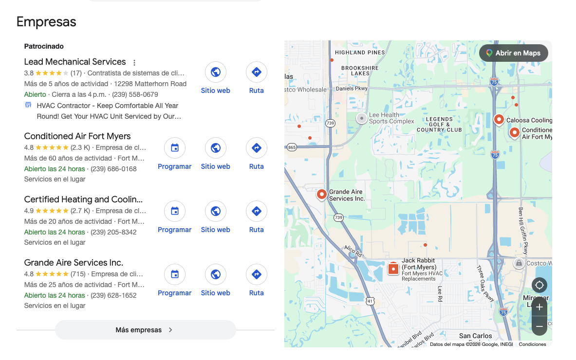 Fort Myers HVAC local pack showing Conditioned Air, Certified Heating and Cooling, and Grande Aire Services in the top three organic spots